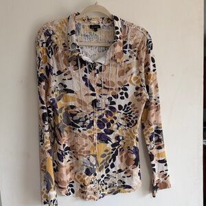 Komarov Beige Multi Floral-Print Button Down Shirt with Purple & Yellow Accents
